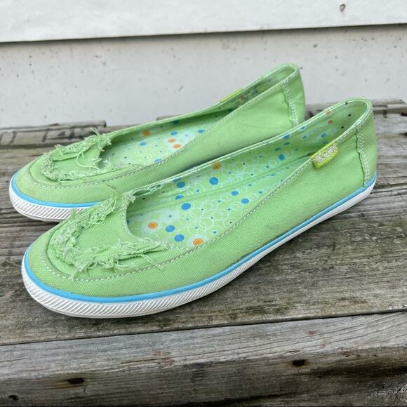 Keds bright green twill canvas fray toe slide on shoes - Picture 2 of 7